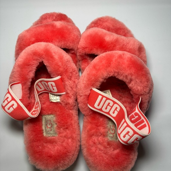 UGG Oh Yeah Fluff Womens Size 10 Coral Sheepskin Slingback Slippers Shoe - Picture 6 of 9